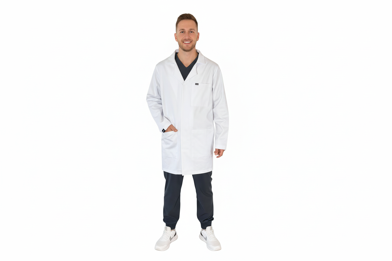 Bata galeno para hombre y mujer de color blanco, modelo completo, ropa médica de Ripplex.mx en fondo blanco.